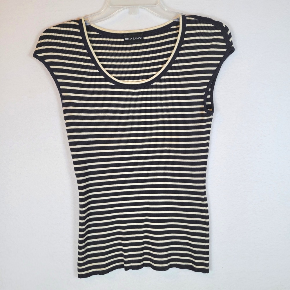 Rena Lange Womens Striped Ribbed Knit Cap Sleeve Scoop Neck Top Size 40 Navy Y2k